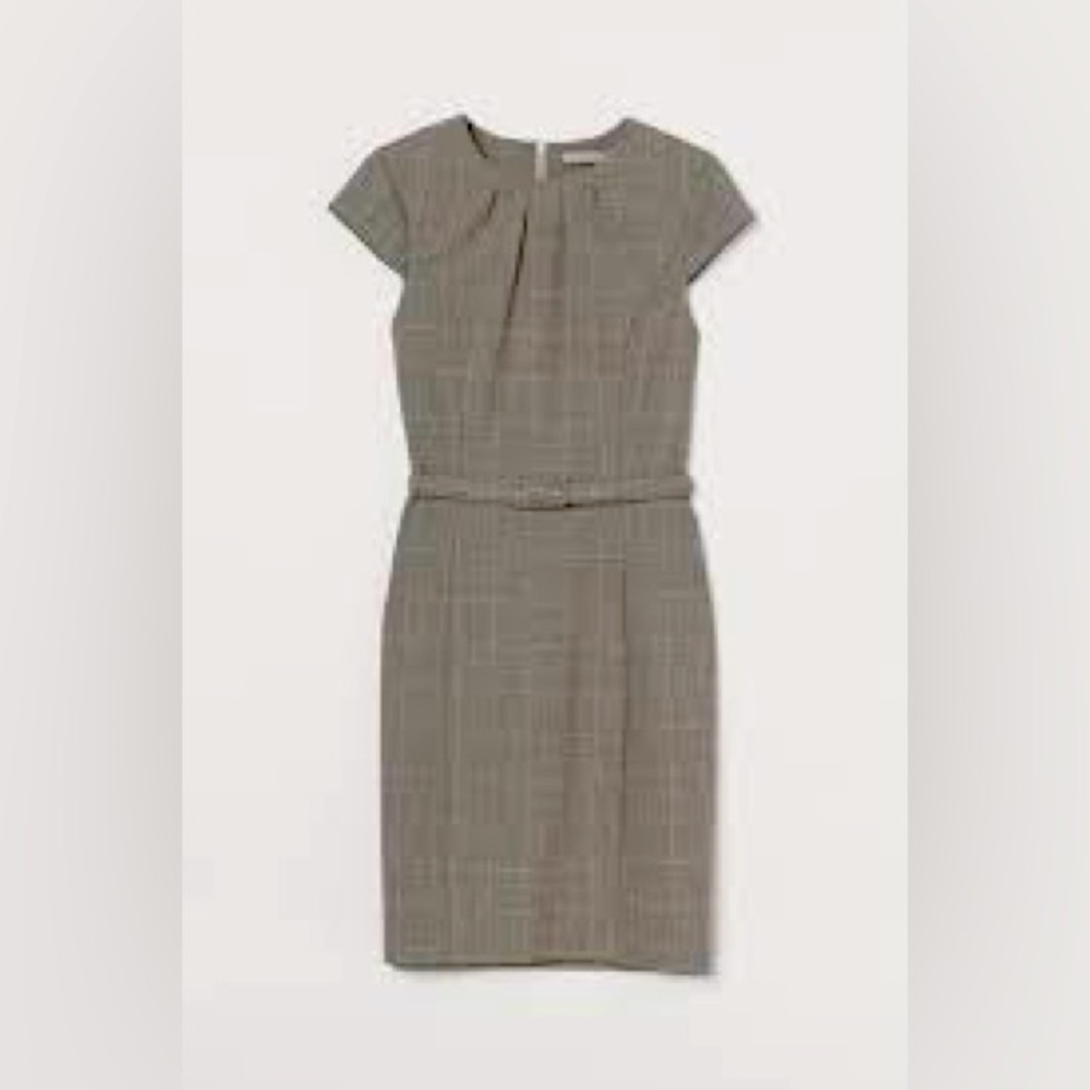 H&M Plaid Pleated Belted Sheath Dress Gray Professional Fashion Size XL NWT